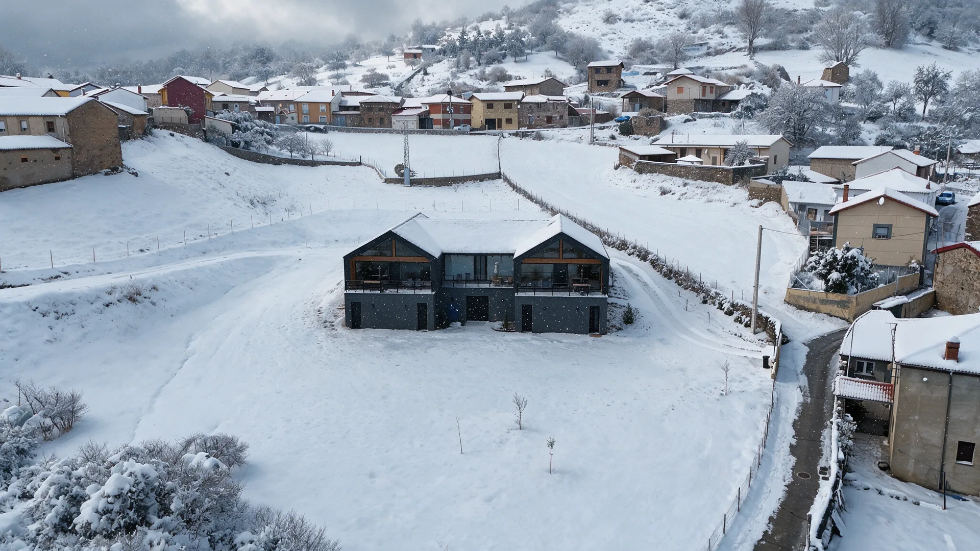 Las casas rurales de La Finca del Valle nevadas, con el Valle de Vegacervera cubierto de nieve, León