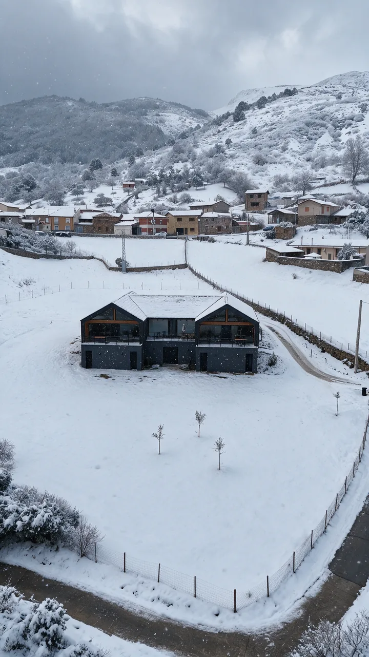 Las tres casas rurales de La Finca del Valle nevadas, vista vertical desde el aire en pleno invierno leonés