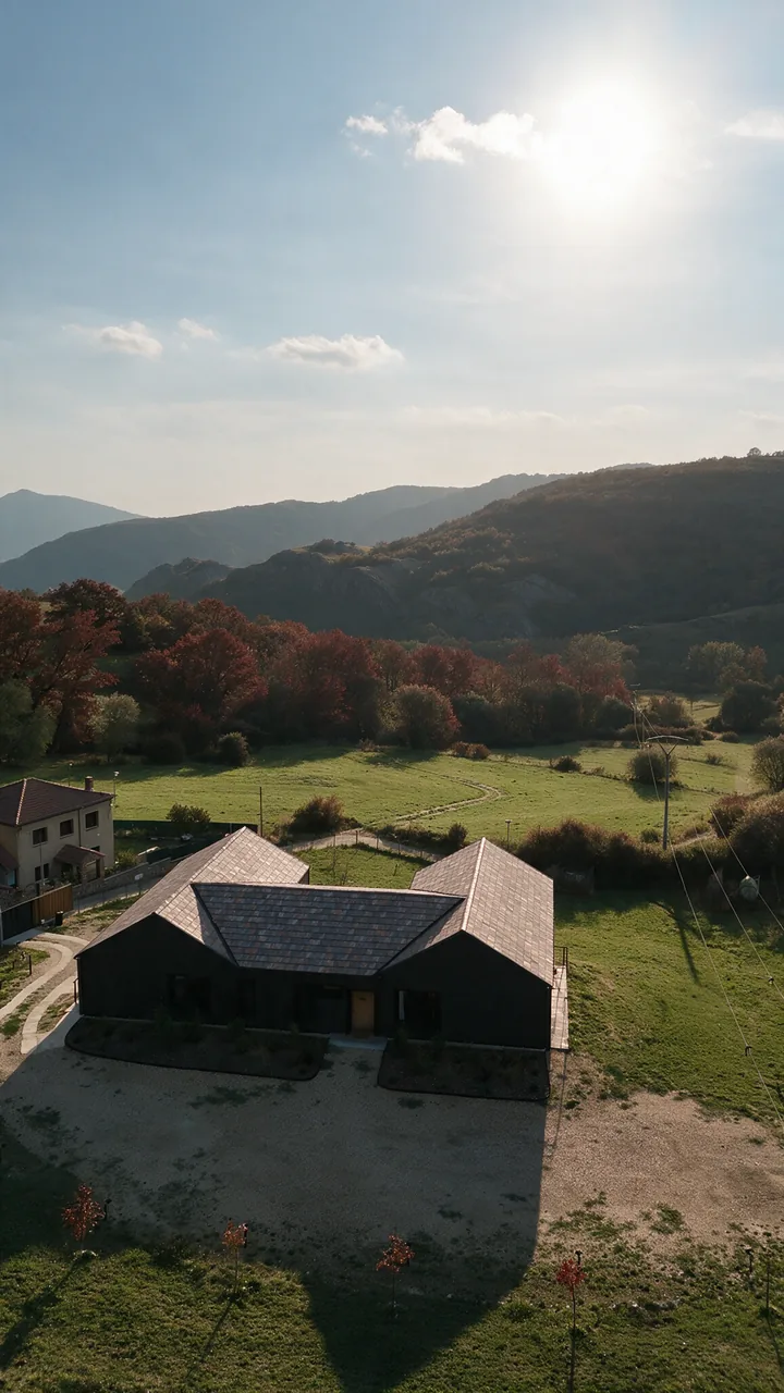 Las casas rurales de La Finca del Valle vistas desde atrás en otoño, con el patio y los prados del valle