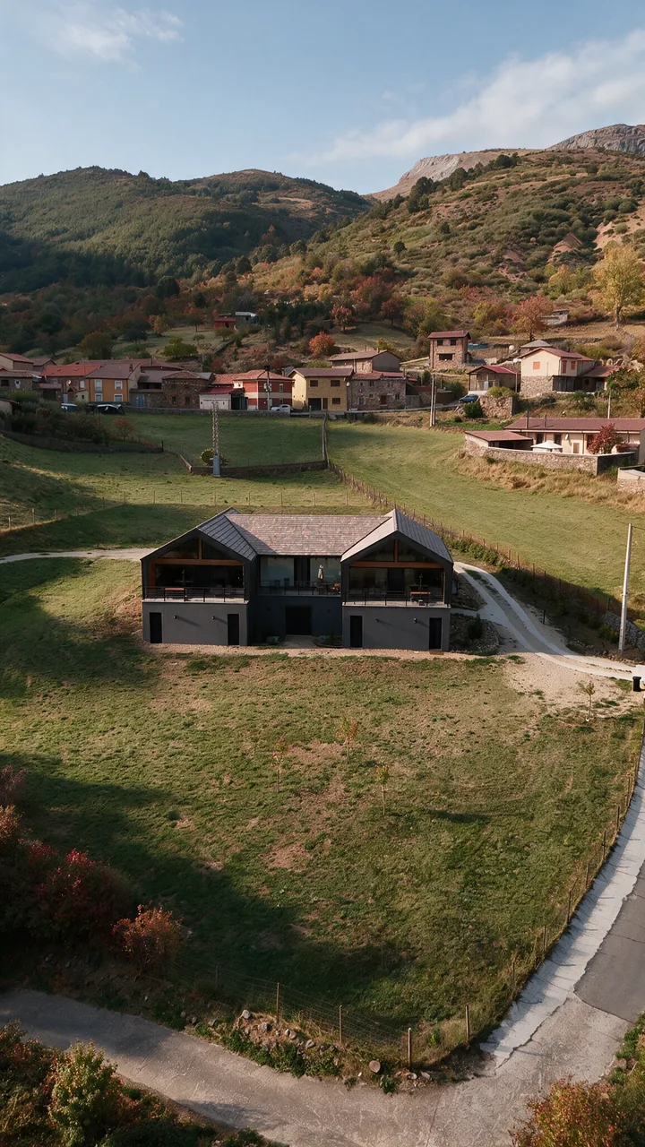 Las tres casas rurales de La Finca del Valle en otoño, vista vertical desde el aire sobre el prado
