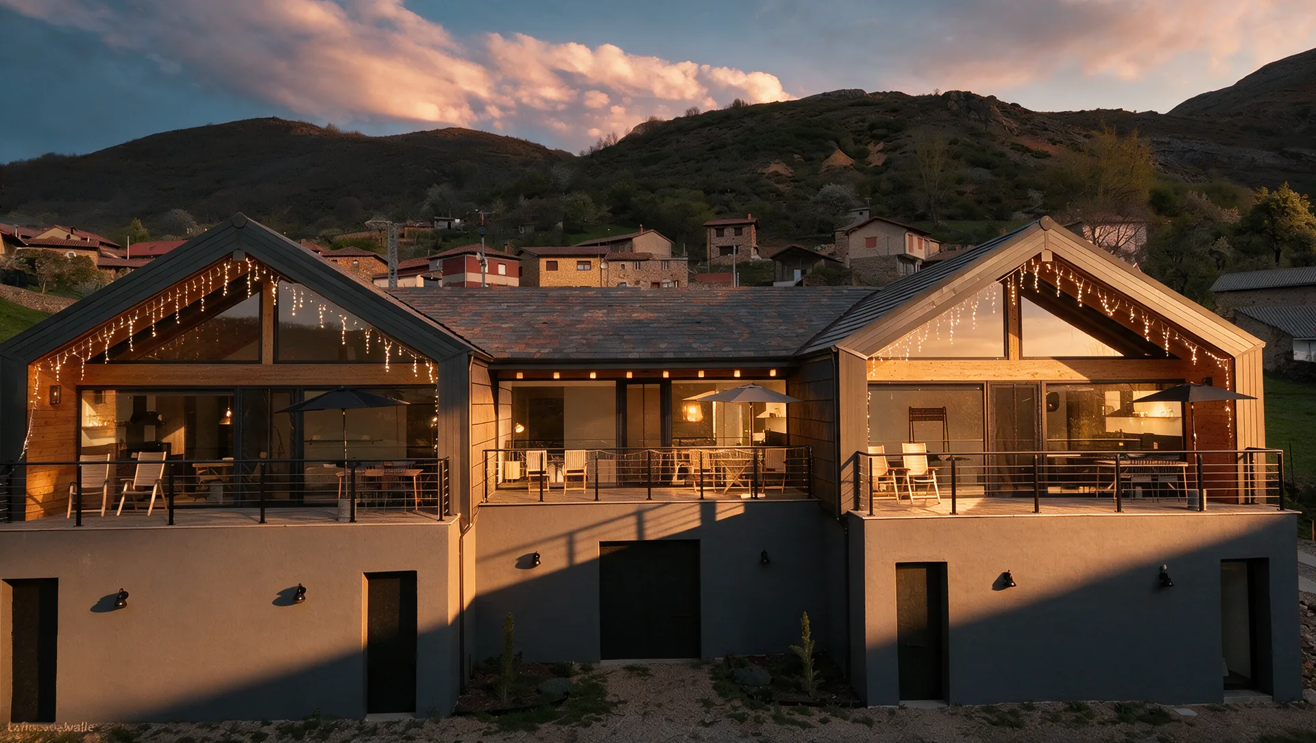 Fachada al atardecer de las casas rurales de diseño La Finca del Valle en el Valle de Vegacervera, León